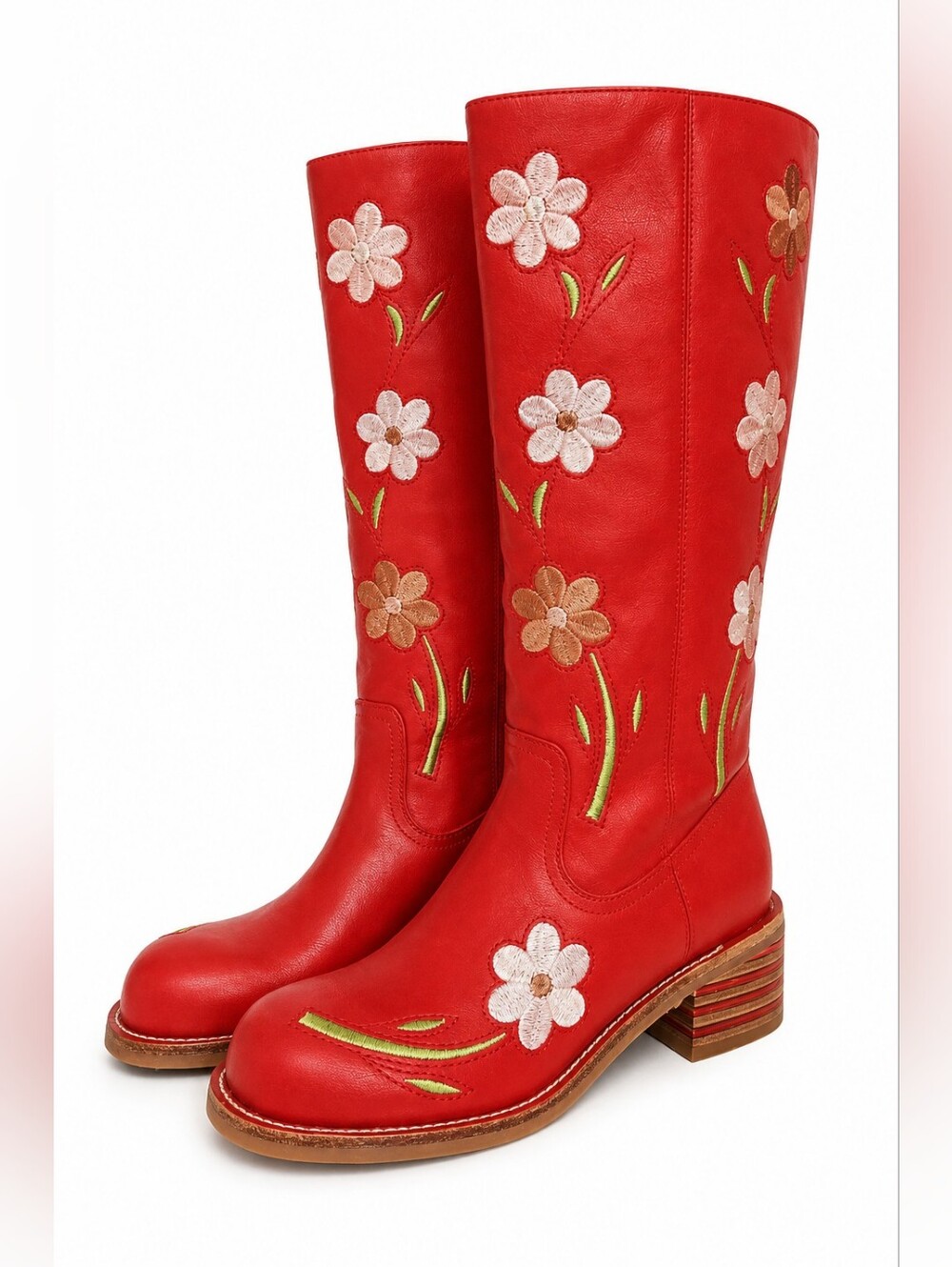 Tomato Red Floral Embroidered Campus Style Boots, Faux Leather, 8, NWOB - Picture 1 of 11